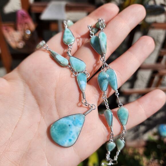 Vtg Larimar Lariat Necklace Aluminum Silver Wire Wrapped Teardrop Pear Gemstone - Picture 9 of 15